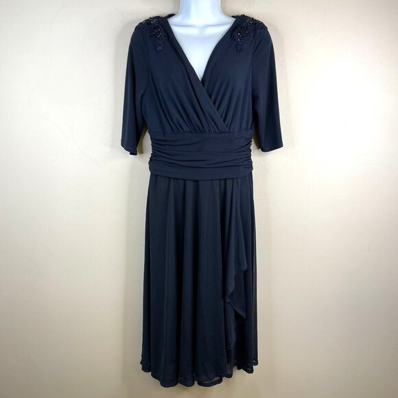 Vintage Y2K Womens Old Money Faux Wrap Dress 12 Petite Beaded Lace Flare Lorelai - Picture 1 of 14